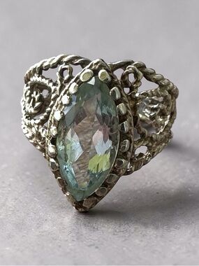 Aquamarine Teardrop Filigree Sterling Silver Ring